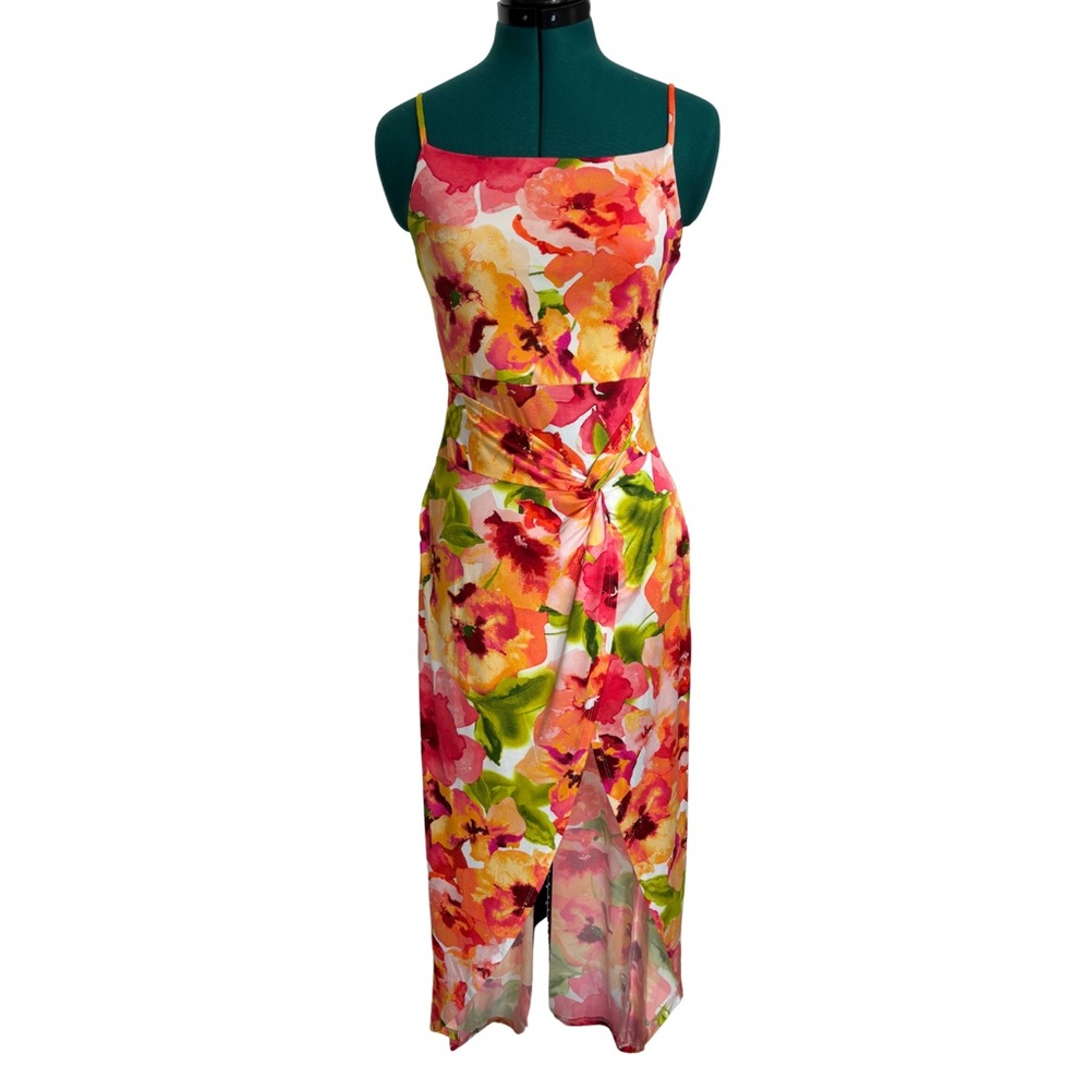 NWT Haute Monde Vibrant Floral Bodycon Split Faux Tie Dress size Small